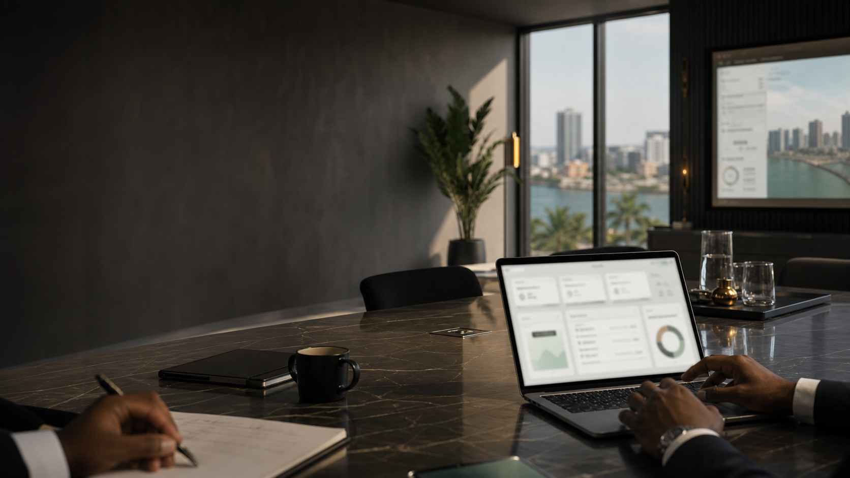 Profissional a trabalhar com a plataforma de IA numa sala executiva